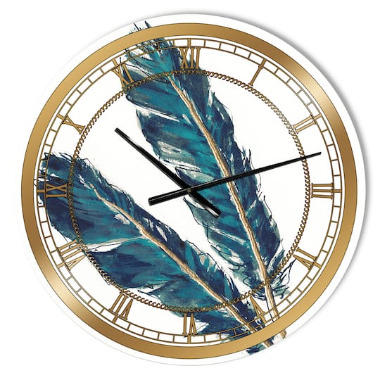 Designart Gold & Indigo Feathers III Glam Wall Clock